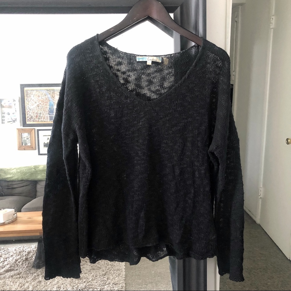 Sheer V-Neck Black Knit Sweater